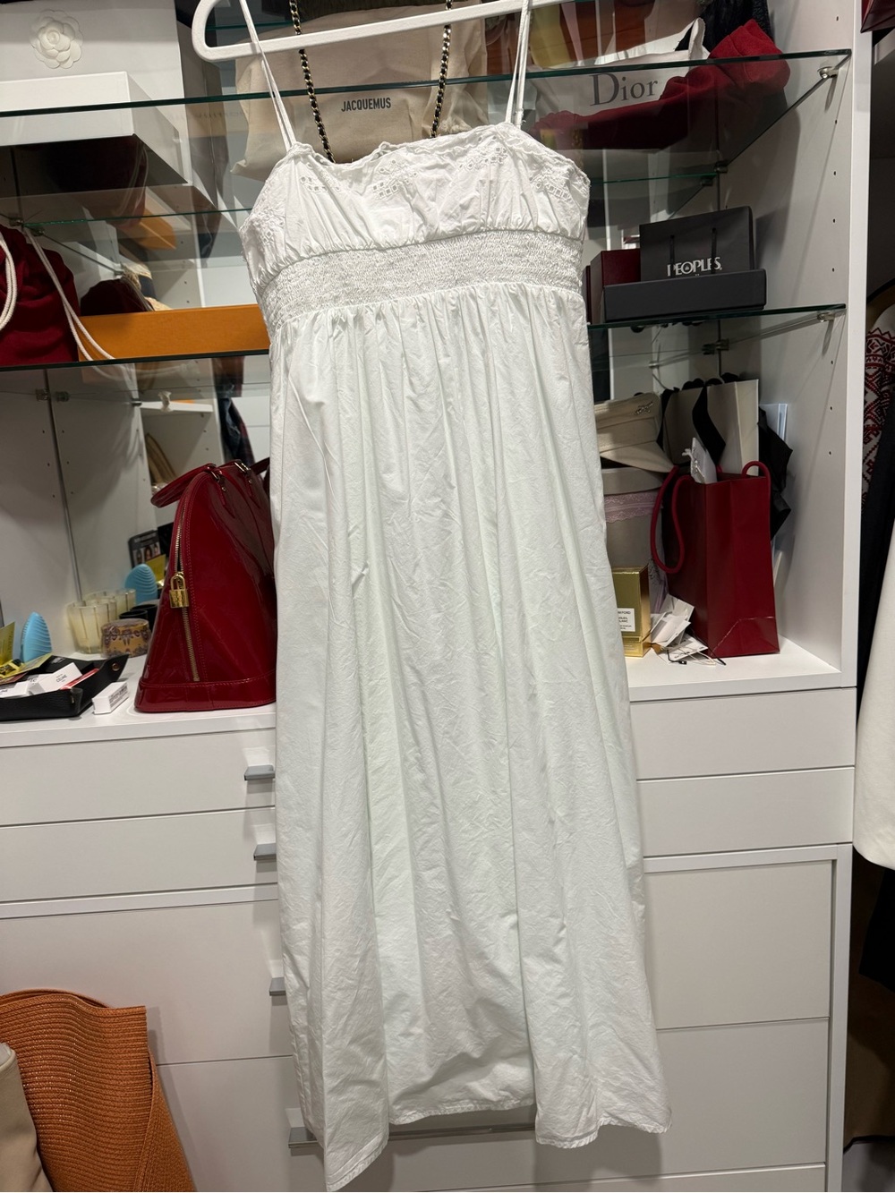 Zara White Smocked Bust Maxi Dress with Spaghetti Straps